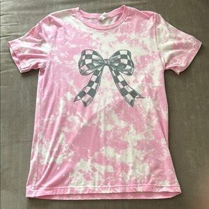 Pink and White T-Shirt with Checkered Bow Design